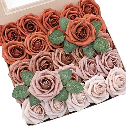 Amazon Com Floroom 人造花25 件真實的焦橙色琥珀色泡沫假玫瑰與莖diy 婚禮花束新娘淋浴中心擺件派對家居裝飾 居家與廚房
