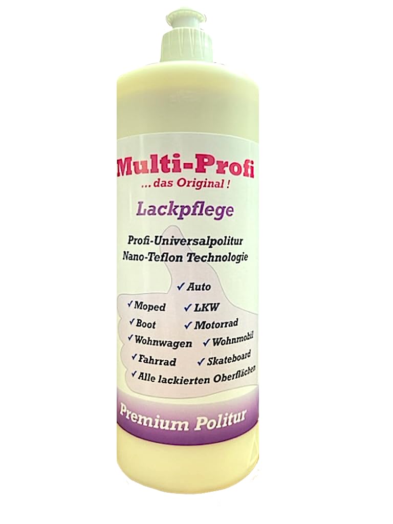 Multi-Profi Lackpflege ist eine Profi-Universalpolitur zur Versiegelung und Auffrischung aller Lackflächen. Die einzigartige Teflon-Nano-Technologie schützt vor saurem Regen und Schmutz ! 1 Liter