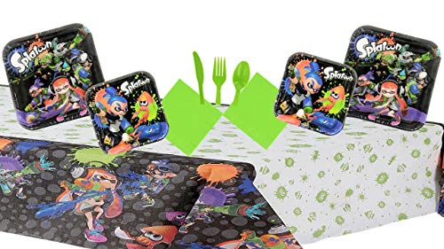 Splatoon Birthday Party Supplies Bundle Set for 16 Guests - Plates, Tablecover, Cutlery, Napkins