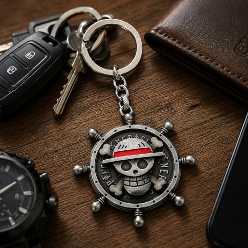Image of One Piece Anima Manga Pirate Flag Logo Wheel Rotating Heavy Metal Keychain,|Anime Key ring| Perfect Keychain For Anime Lover|car Bikes Gold & Grey Combo pack