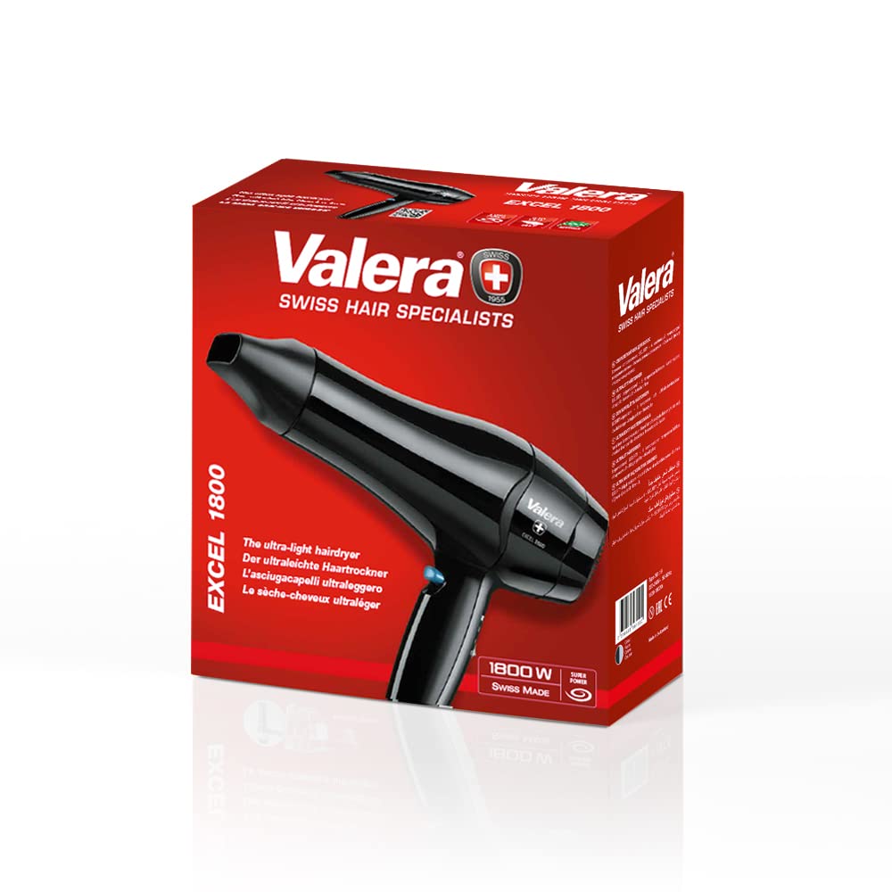 Valera, Excel 1800 561.19Y, Secador de Pelo Profesional Ligero, con Resistencia de Ondulación, 6 Ajustes de Temperatura y Flujo de Aire, Función para Aire Frío, Ahorro Energético, 1800 W, Swiss Made