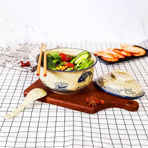 Miniatura 6 de Ceraozmus Juego De Cuencos De Cerámica Para Ramen De 800 Ml Con Tapa, Cuchara Y Palillos, Cuencos De Sopa Grandes Vintage Japoneses, Cuenco De Fideos Instantáneos, Vajilla Asiática Pescado 1