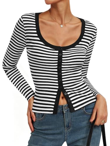 Women Black Cropped Cardigan Fall, Ribbed Long Sleeve Tops, Striped Sweater