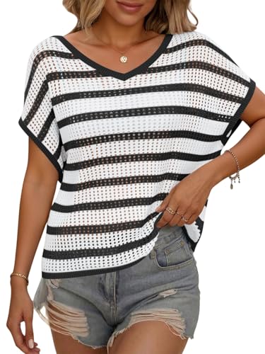 Yousify Womens Summer Crochet Tops Cap Sleeve Knit Pullover Sweater Vest V Neck Cover Ups Beach Vacation Clothes Black