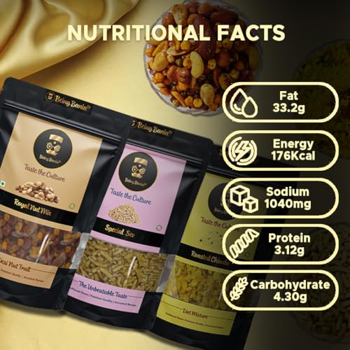 Image of Being Bania Indian Namkeen Combo - Nut Mix | Roasted Chiwda | Special Sev | Premium and authentic taste | Made in Groundnut oil | Healthy Snack Namkeen for Diet