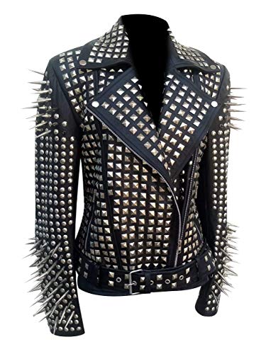 SKY-SELLER Women's Metal Spikes Brando Motorcycle Slim Fit Genuine Leather Coat - Biker Black Studded Leather Jacket2