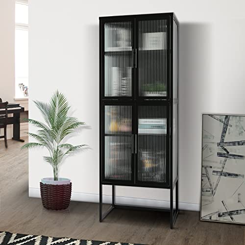 Ikayaa Tall Fluted Glass Storage Cabinet With 4 Doors And 4-Tier Adjustable Shelves Metal Display Cabinet Freestanding Cupboard Bookcase For Kitchen Living Dining Room Office Entryway Black #TOP7