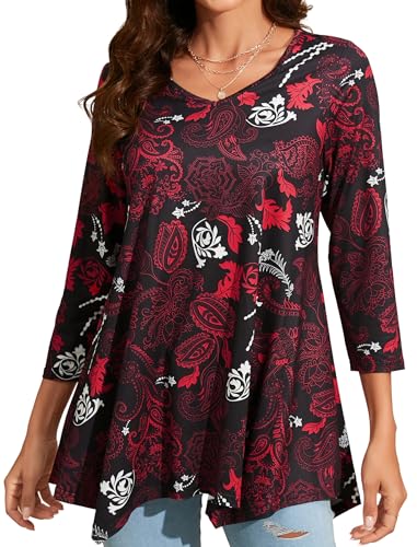 Enmain Camiseta Mujer Manga 3/4 Top Túnica Larga Cuello de Pico Blusa Elegante y Cómoda Talla Grande Tops Estampadas T Shirt para Mujeres,Rojo,2XL