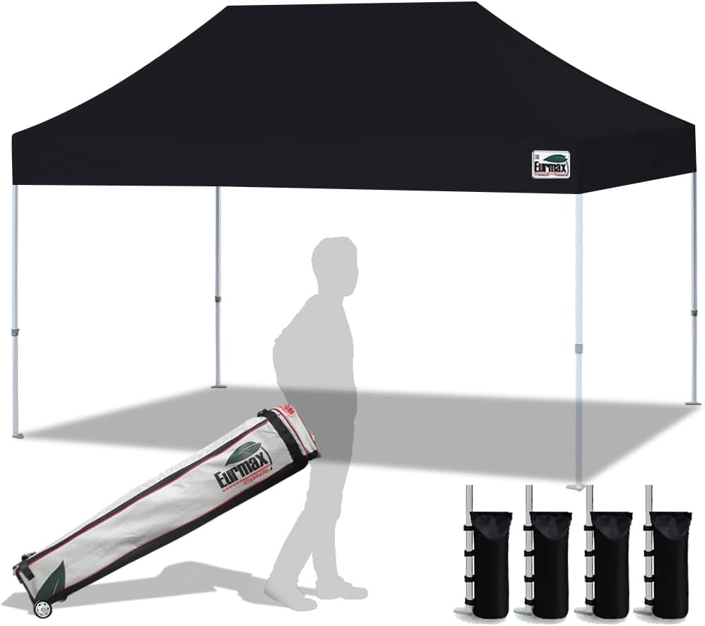 USA 10'x15' Pop Up Canopy Tent Commercial Instant Canopies with Heavy Duty Roller Bag,Bonus 4 Sand Weights Bags (Black)