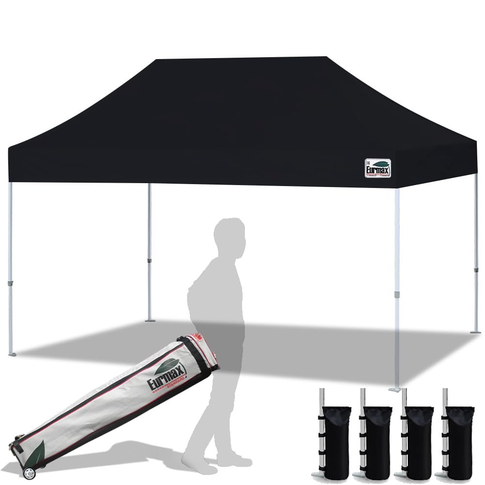 USA 10'x15' Pop Up Canopy Tent Commercial Instant Canopies with Heavy Duty Roller Bag,Bonus 4 Sand Weights Bags (Black)