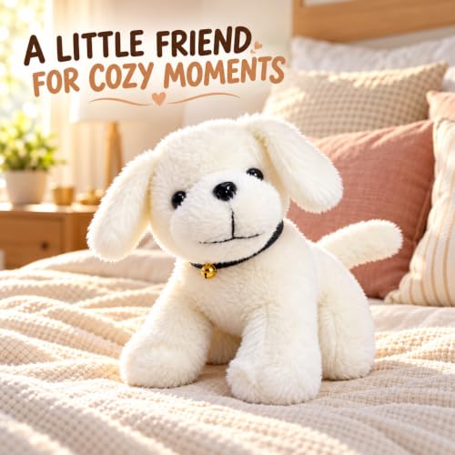 Image of ADORA White Puppy Soft Toy with Black Collar and Golden Bell, Cute Fluffy Stuffed Dog Plush for Kids, Cuddly Animal Toy for Birthday Gifts, Nursery Decor and Playtime