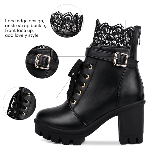 BEAUPAS Black Ankle Boots Goth Boots for Women Chunky Platform Boots Lace Up Heels Closed Toe Heeled Booties Block Heel Boots Cosplay Shoes(Black,10.5)3