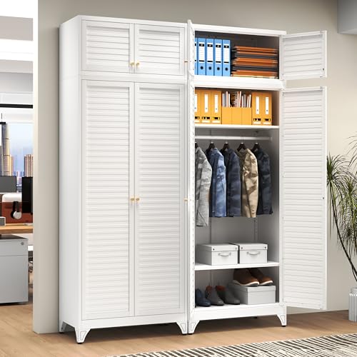 Metal Armoire Wardrobe Closet, 86" Tall Wardrobe Armoire with Hanging Rod, Almirah for Clothes with Doors, 18" D x 32" W x 86" H, White, Assemble Required, Shipped in Two Packages - Image 3
