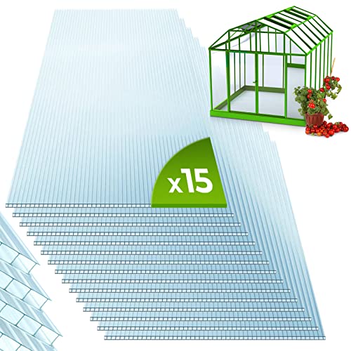 Jago® 15x Polycarbonat Hohlkammerstegplatten - 4mm dick, 121 x 60.5 cm, 11 m², UV-beständig, transparent - Doppelstegplatte, Gewächshausplatten, Stegplatten für Gewächshaus, Garten, Gartenbau