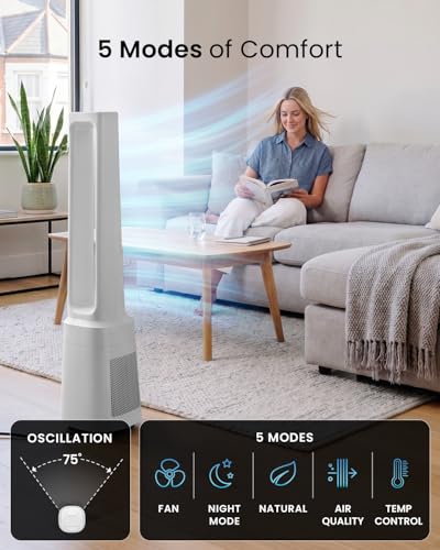 Pro Breeze® OmniAir 41" Smart Bladeless Tower Fan with Air Purifier - Silent Standing Portable Circulator - Remote Control, Wi-Fi, HEPA Filter, LED Display, 10 Fan Speeds, 5 Modes & 60° Oscillation - Image 8