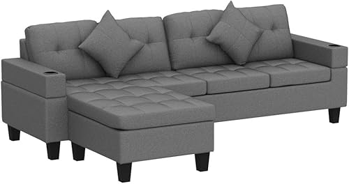 Miniatura 4 de Recaceik Sofá modular con soporte para tazas, juego de sofá modular de tela, moderno sofá en forma de L con tumbona, sofás esquineros tapizados