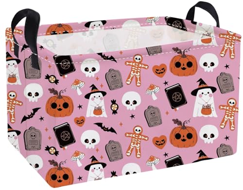 Image of Essme Rectangular Halloween Basket,Pink Storage Bins Organizer with Handles for Room Decor, Gift Basket.(Magic Halloween)
