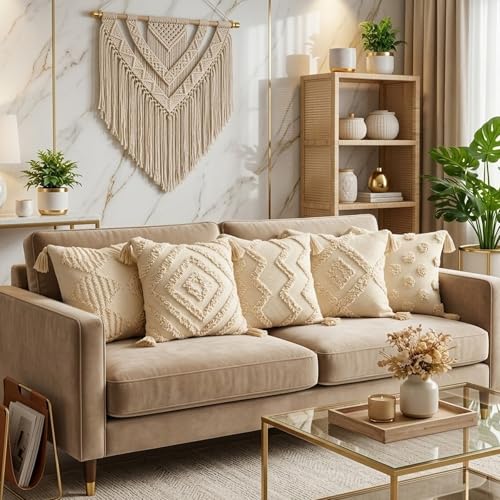 Image of SILK & YANA 16x16 Cotton Cushion Covers Set of 5 | Hand-Tufted Decorative Throw Pillow Covers with Boho, Geometric & Textured Designs | Tassel-Trimmed Covers for Sofa | Cream