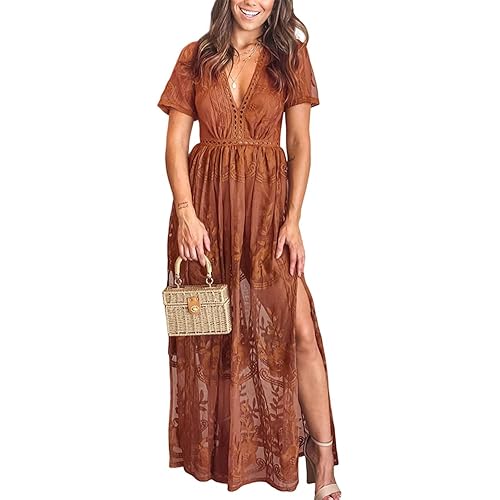 Eleter Women's Deep V-Neck Lace Romper Short Sleeve Long Dress