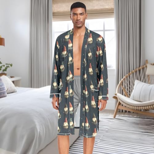 Men’s Robe Cartoon Gnome Print, Long Sleeve Bathrobe for Sleep Shower-M3