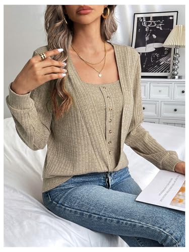 SHENHE Women's Ribbed Long Sleeve Top Button Front Square Neck Casual Going Out Tee Shirt4