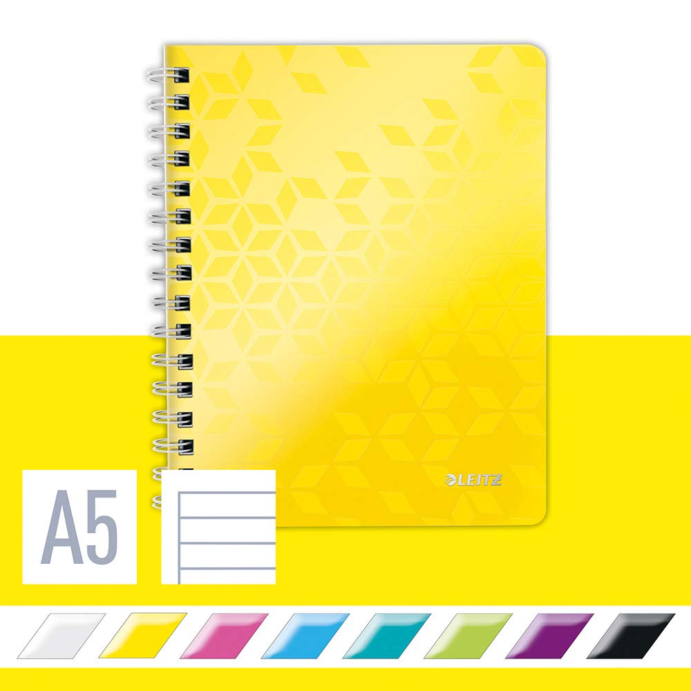 LeitzA5 Flexible Cover Notebook, Yellow Wire Bound, 80 Sheets, Ruled, 90 gsm Ivory Paper, Wow Range