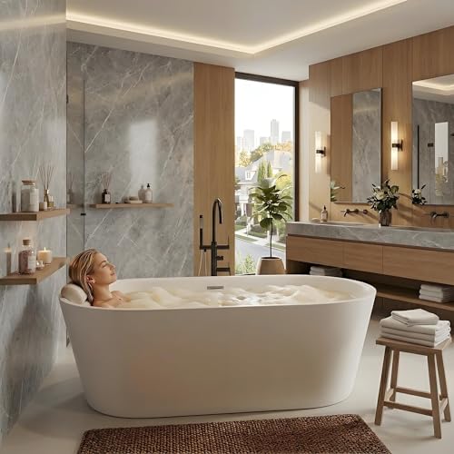 Freestanding Bathtub 59 inch Acrylic Soaking Tub with Chrome Drain & Overflow, Ergonomic Stand Alone Bathtub for Small Bathroom or Home Spa Retreat
