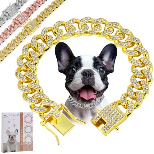 Image of Gold Dog Chain Diamond Collar Walking Metal Chain Collar with Secure Buckle, Pet Cuban Style Collar Jewelry Accessories for Small Medium Large Dogs, Available in Multiple Pet Gift (Gold, 10inch)