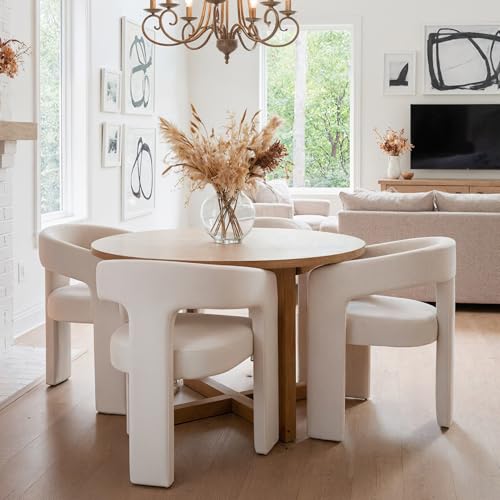Image of HNY Modern Barrel Kitchen & Dining Room Chairs Set of 3, Linen Upholstered Accent Chairs with Arm, 18.5'' Wide Side Armchair Vanity Chairs for Living Room Bedroom Makeup Small Spaces, Ivory