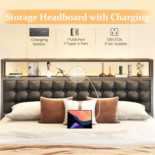 Image of HISOFT Floating Queen Bed Frame with 2-Tier Storage Headboard, Metal Queen Bed Frame with Charging Station & LED, Faux Leather, No Box Spring Needed, Noise Free, Easy to Assemble, Black Square