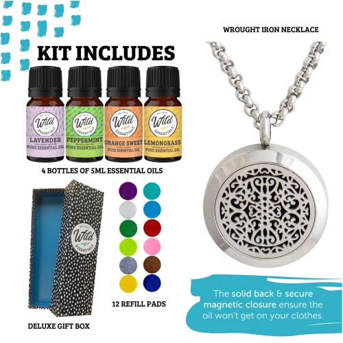 Wild Essentials Wrought Iron Necklace Essential Oil Diffuser Kit With Lavender, Lemongrass, Peppermint, Orange Oils, 12 Refill Pads, Calming Aromatherapy Gift Set, Customizable Color Changing, Perfume #TOP1
