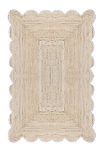 CASAVANI Collection Scalloped Runner Rug - 2.6x8 Beige Scallop Edge Braided Jute Rug Solid Kilim Rug Indoor Outdoor Use Carpet Flatweave Rugs for Bedroom Bedside Runner Kitchen Hallway