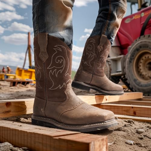 NORTIV 8 Steel Toe Cowboy Boots for Men Western Square Toe Leather Work Boots with Hazard Protection,for Construction Farming Bronco Trailblazer,Size 11.5,Dark Brown