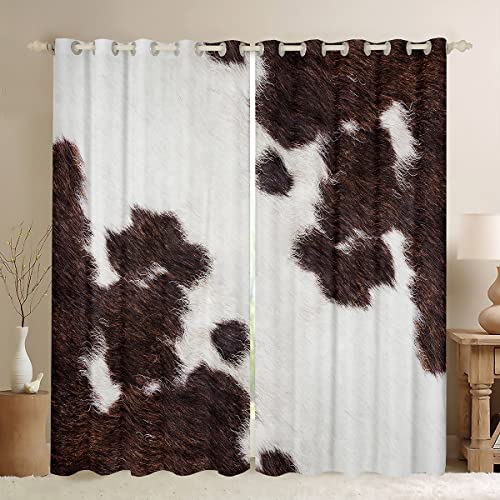 Cowhide Curtain Cow Print Window Curtains Rustic Spotted Cow Fur Texture Window Drapes For Kids Adult Western Farmhouse Animal Hair Window Curtain Panels, Black White 52" X 96",2 Panels #TOP24