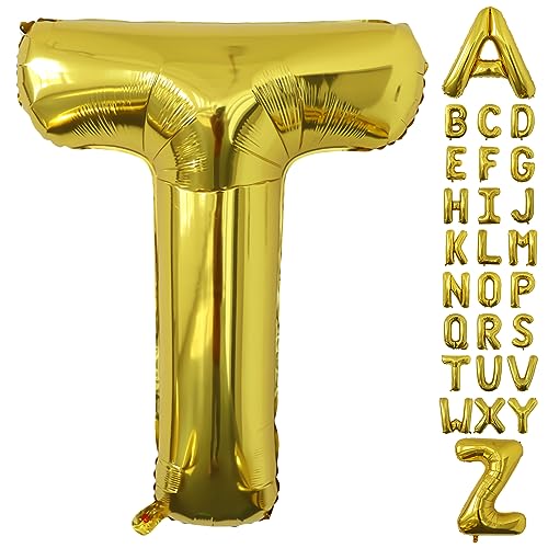 Image of Letter Balloons Gold Party Balloon - 40 Inch Large Gold Letter T Balloon, Letter Balloon Birthday Decorations, Balloon for Women Men Anniversary Party Decorations Supplies