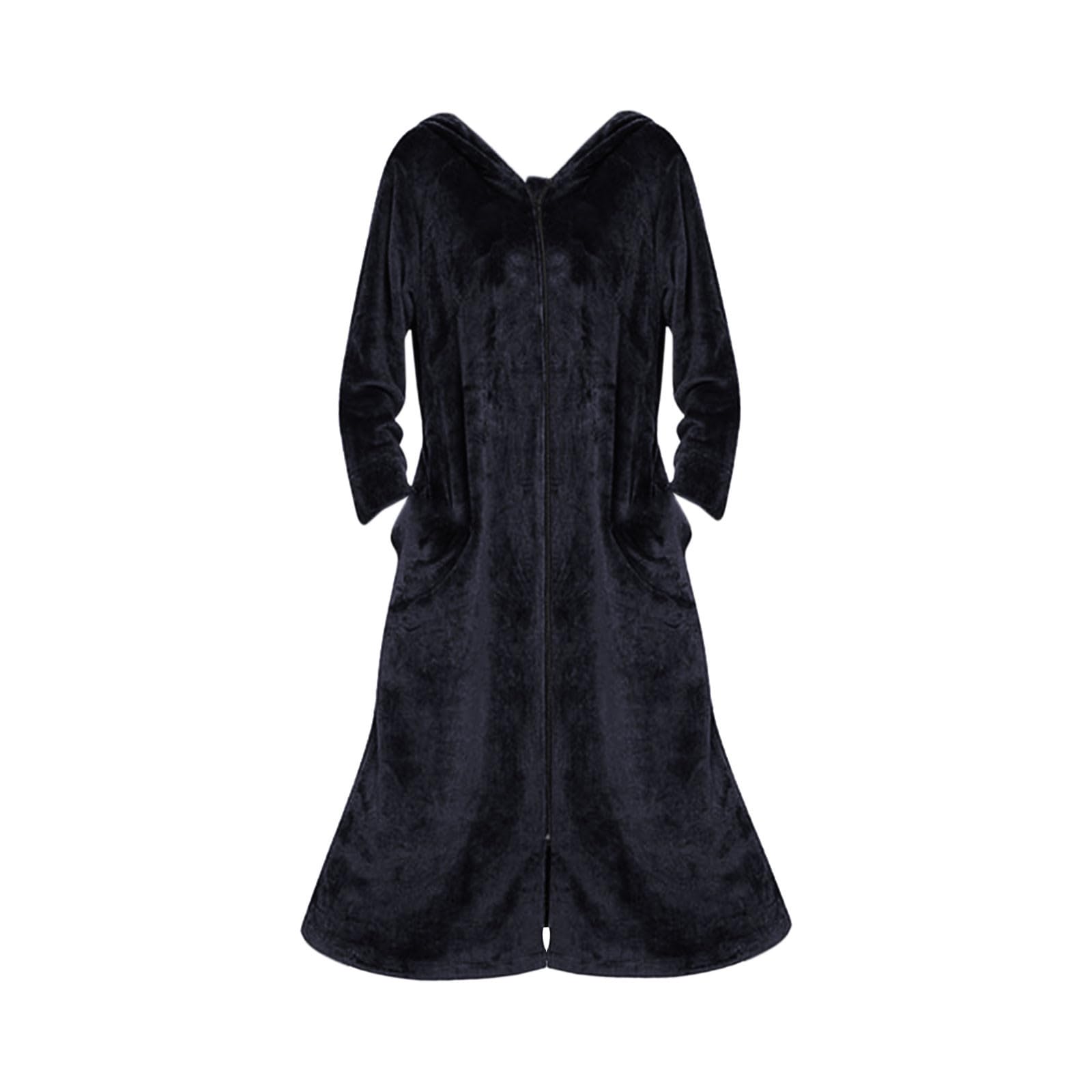 Vestaglia Calda Donna Abito Lunga Con Cappuccio Accappatoio Con Zip | Confortevole Camicia Da Notte In Flanella Tinta Unita Vestaglia A Maniche Lunghe Loungewear Con Tasche, S-2Xl