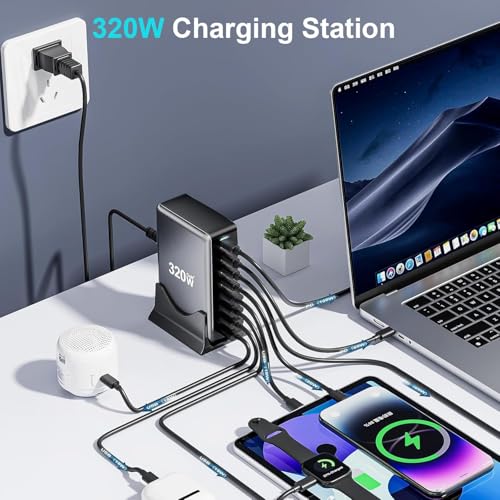 Image of TECHBLAZE 320 W GaN 3 Super Fast Charger Adapter, 8-Port (4 USB A+ 4 Type- C) with PD Technology, Universal for iPhone, Android, MacBook, Type-C Laptops, Compact Multi-Device Charging Solution.