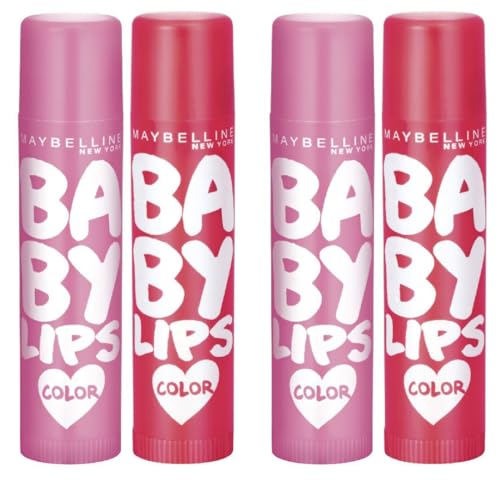 Image of Maybelline New York Lip Balm, With SPF, Moisturises and Protects from the Sun, Pink Lolita & Baby Lips Cherry Kiss, Baby Lips, Pink, Red,(Pack of 4), 8g