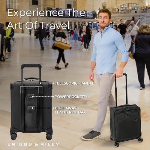 Image of Briggs & Riley Compact 19 inch Carry-On Expandable Spinner - Carry On Luggage for Travel, Suitcases with Wheels, Softside Rolling Bag for Men & Women, Garment Panels - Baseline Collection, Black