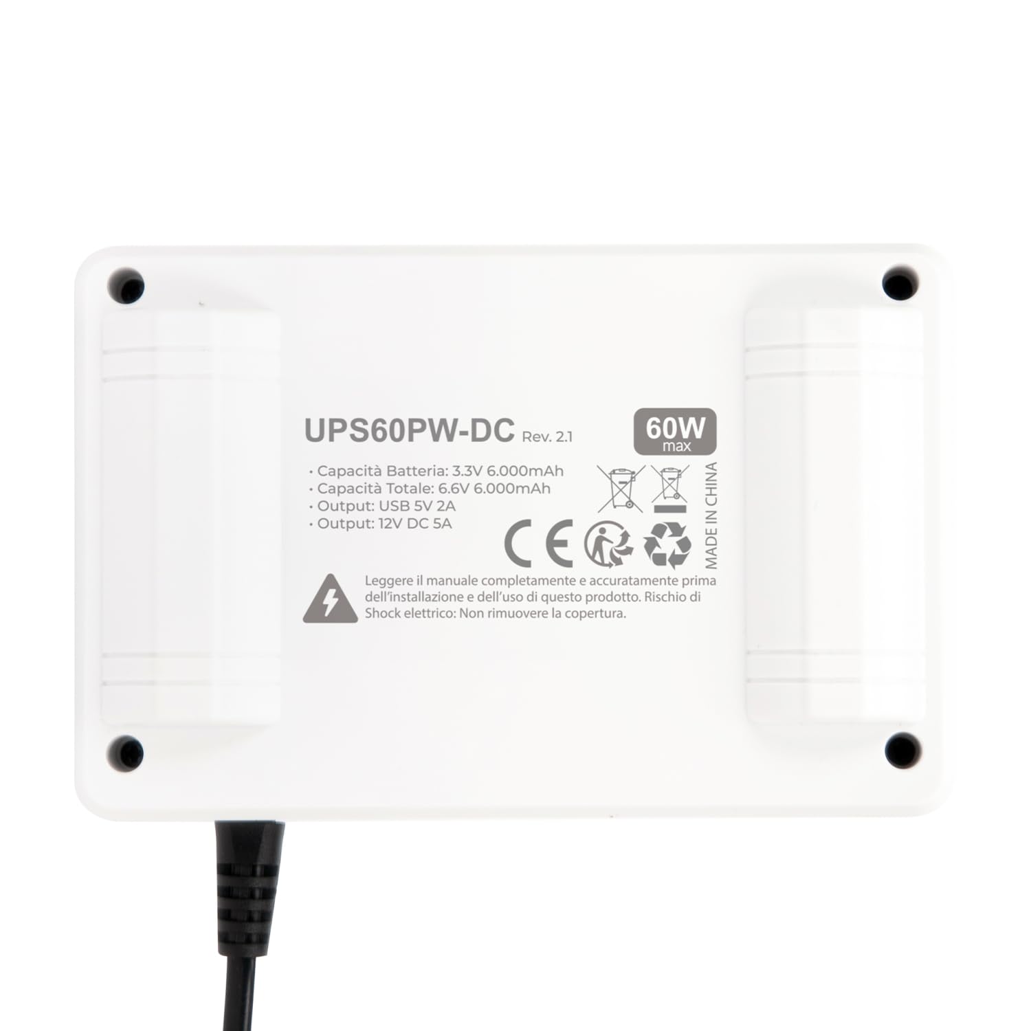 VulTech UPS60PW-DC Rev. 2.1 Blanc Mini UPS 6000mAh 60W Portable Alimentation sans Interruption pour Routeur sans Fil Modem Caméra Power Bank Smartphone Entrée 100-240 VAC USB 5V DC 12V
