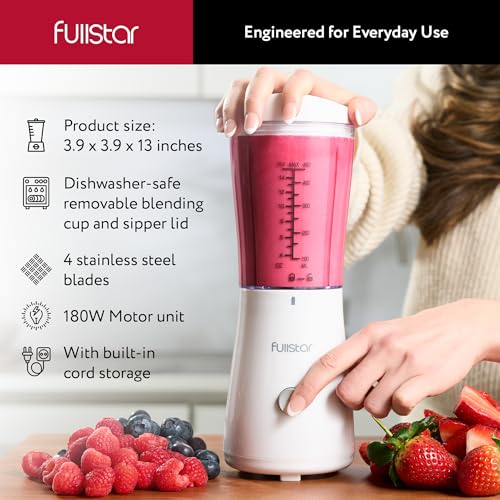 Image of Fullstar Portable Blender for Smoothies and Shakes - 15 oz Mini Personal Travel Blender with Sipper Lid, Compact Smoothie Maker for Office, Home, and Kitchen (Orange)