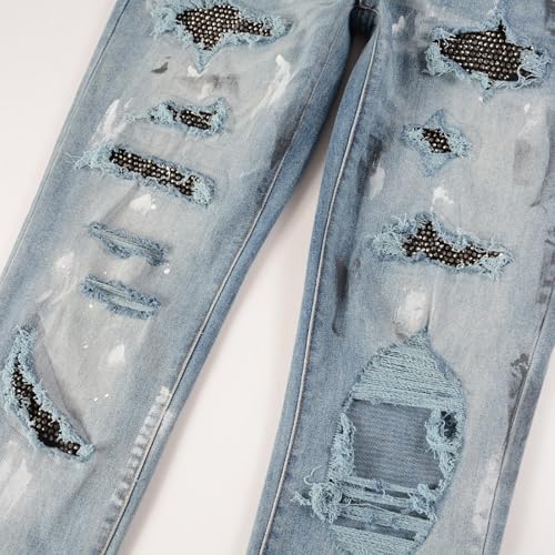 Mens Crystals Patched Jeans Skinny Splash Stretch Slim Distressed Ripped Graffiti Painted Rhinestone Stacked Pants4