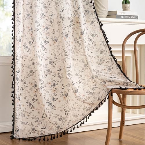 Image of MYSKY HOME Semi Sheer Floral Linen Curtains 96 Inch Length Boho Black Printed Spring Vintage Farmhouse Rustic Drapes with Black Tassel Back Tab for Living Room Dining Room, W50 Each Panel, 2 Pcs