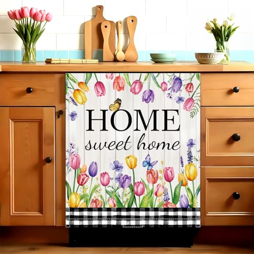 Image of Summer Tulip Dishwasher Magnet Cover Sweet Home Flowers Dishwasher Magnet Sticker for Kitchen Decoration 23x26 in Farmhouse Refrigerator Magnet Cover Fridge Panel Decal Pad