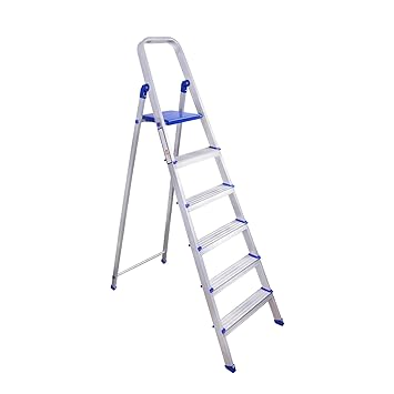 BonKaso 6 Step Foldable Aluminum Ladder for Home with Anti Skid Feet, Heavy Platform and Five Year Warranty - (BFSL)