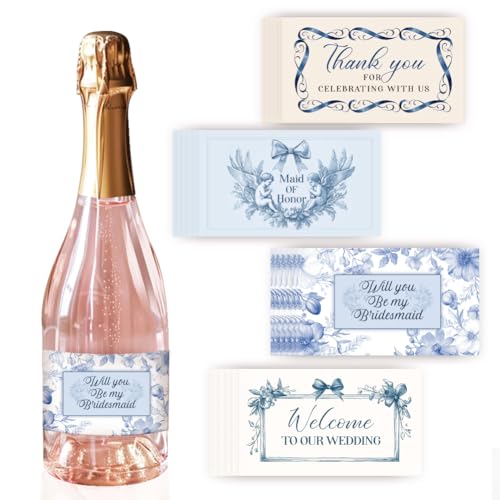 PH PandaHall 4 Styles 40pcs Wine Labels for Bottles, Wedding Wine Bottle Labels Self Adhesive Labels for Celebrations Personalized Wine Tags Wedding Bridesmaid Blue Floral Stickers, 3.5x2 inch