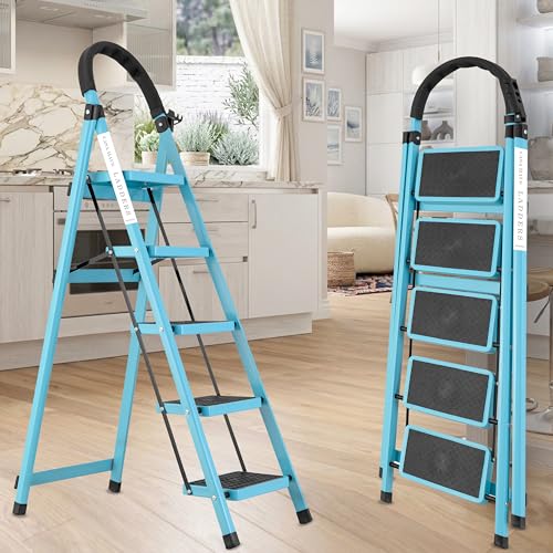Image of Teal Blue 5 Step Ladder for Home Use with Built-in Tool Tray | Heavy Duty D Shape Rods | Ultra Large Platform | Wide Rubber Feet | 150Kg Capacity Foldable Ladder - 7 Years Warranty