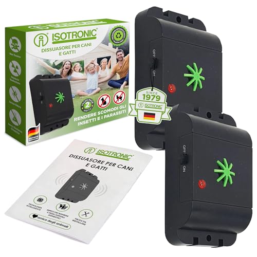 ISOTRONIC Deterrente per cani e gatti | Repellente a ultrasuoni | Dissuasore a batteria | Protezione contro gatti e cani | Per casa, giardino, garage e fienile