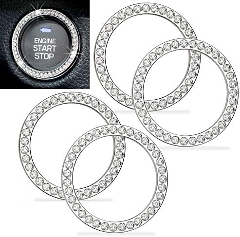 Anourney 4PCS Silver Bling Crystal Rhinestone Car Engine Ignition Button Ring, Emblem Sticker, Girly Car Interior Accessory Decoration for Push to Start Button Cover, AC Control Knob,Car Shift Cover
