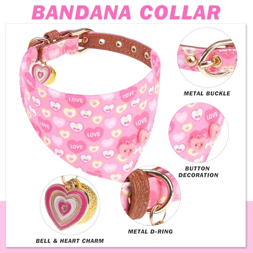 Image of EXPAWLORER Dog Collar and Leash Set - Pink Heart Dog Bow Tie and Dog Bandana Collar with Bell, Dog Leash Tangle Free, Adjustable Collars for Small Medium Large Dogs Cats, Holiday Ideal Gift, S